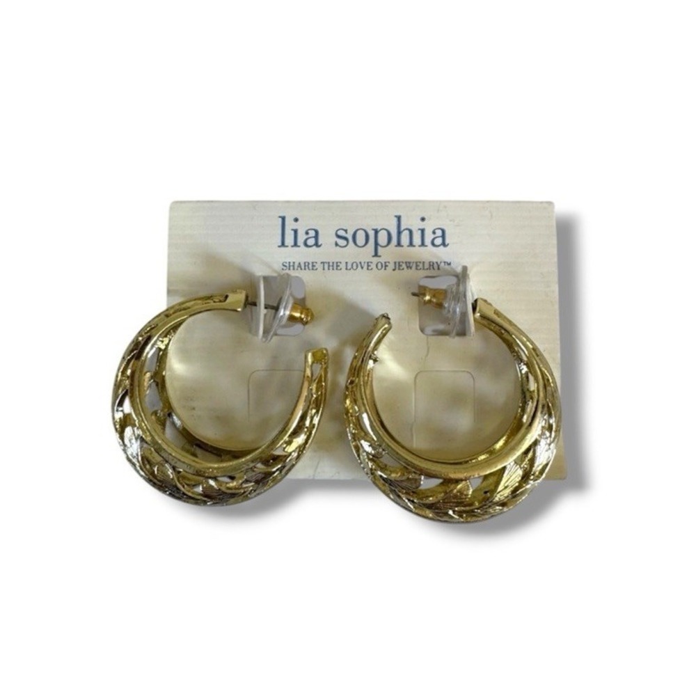 Lia Sophia Openwork Olive Leaf Gold Tone Chunky Hoop Earrings New On Card Boho